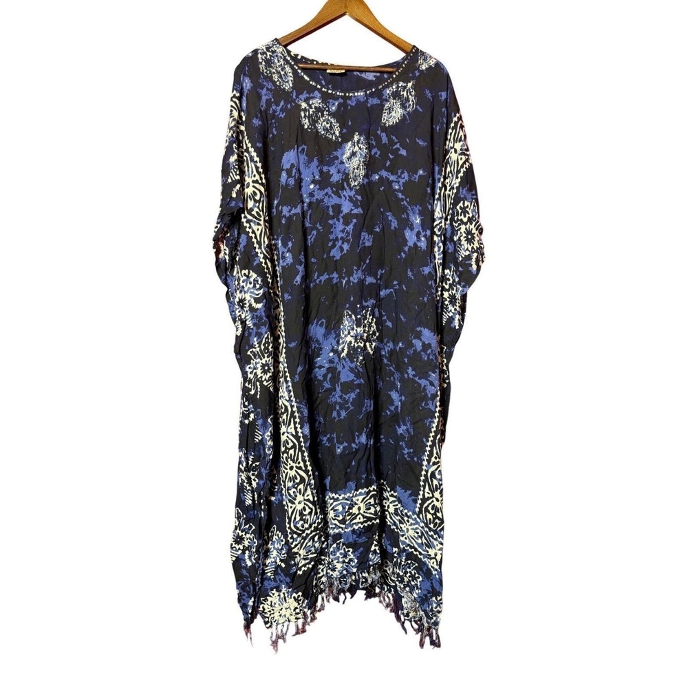 Magic Women One Size Fits All Blue Tie Dye Kaftan Maxi Dress Flowy Tassel Fringe